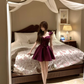 Dark purple bow strap waist slim fit long skirt homecoming dress R4228