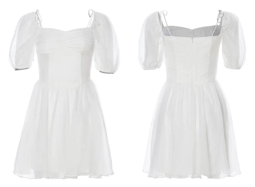 White Tulle Mini Dress Women With Puff Sleeves And Square Neck R9484