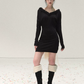 Black V-Neck Long Sleeve Mini Dress with 3D Floral Trim and Large Tulle Bow at Back R9370
