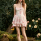 Pink and White Tie-Dye Corset Mini Dress with Tiered Ruffle Skirt and Spaghetti Straps R9268