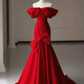 Red off-the-shoulder satin fitted waist slimming hip-hugging sexy long ball gown R6450