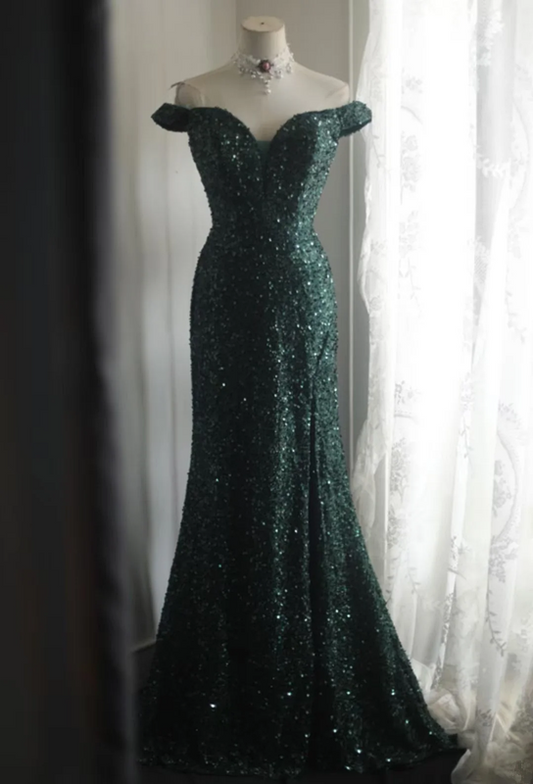 Dark green off-the-shoulder sequined fitted long ball gown R6809