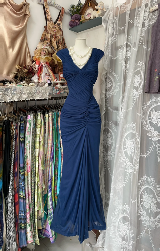 Blue fitted, pleated, bodycon long ball gown R6330