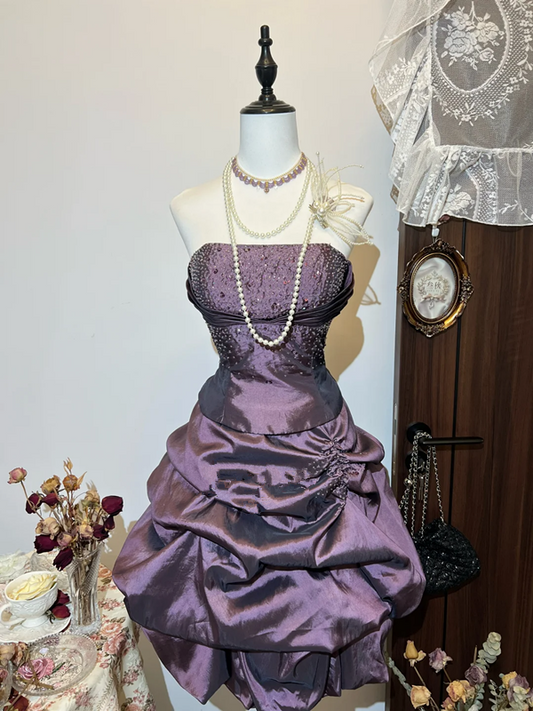 Dark purple tube top waist slim fit flower bud skirt short skirt homecoming dress R4268
