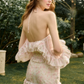 Fairycore Pink Floral Dress with Off Shoulder Ruffle Sleeves, Halter Neck and Layered Skirt R9272