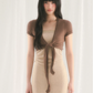 Beige Knit Mini Dress with Brown Tie-Front Shrug Cardigan, 2-Piece Outfit with Ribbed Texture and Fitted Silhouette R9256