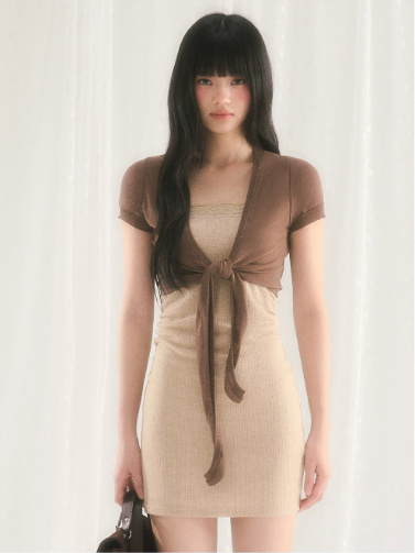Beige Knit Mini Dress with Brown Tie-Front Shrug Cardigan, 2-Piece Outfit with Ribbed Texture and Fitted Silhouette R9256