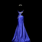 Sexy long ball gown with blue halter neck and exposed waist design R6610