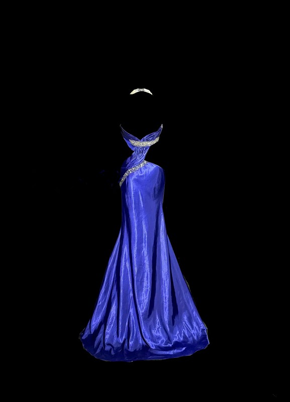 Sexy long ball gown with blue halter neck and exposed waist design R6610