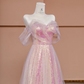 Light pink off-the-shoulder sequined fitted long ball gown, bridal dress R8425