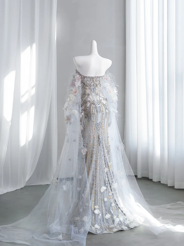 Champagne-colored, rhinestone-embellished, strapless, fitted, long ball gown/bridal dress R8856