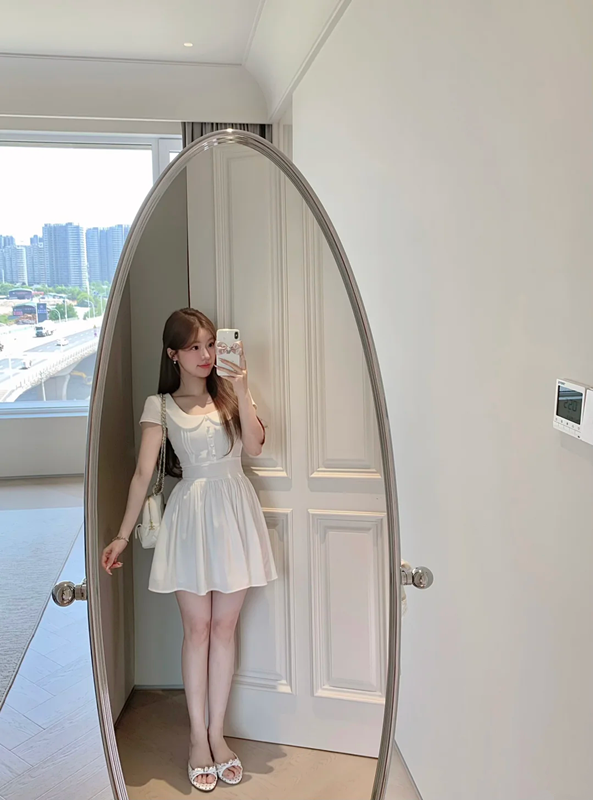 White baby doll collar slim waist A-line cute short skirt R5033