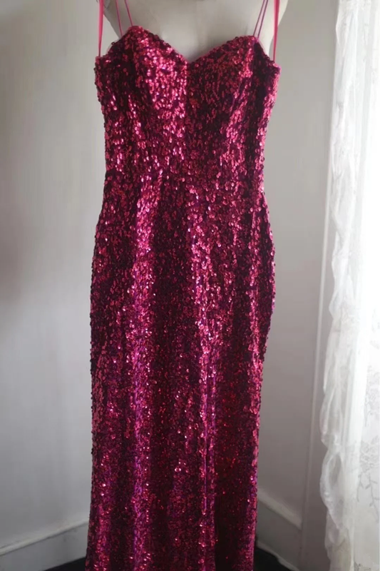 Rose pink sequined halter top, fitted waist, bodycon long ball gown R6769