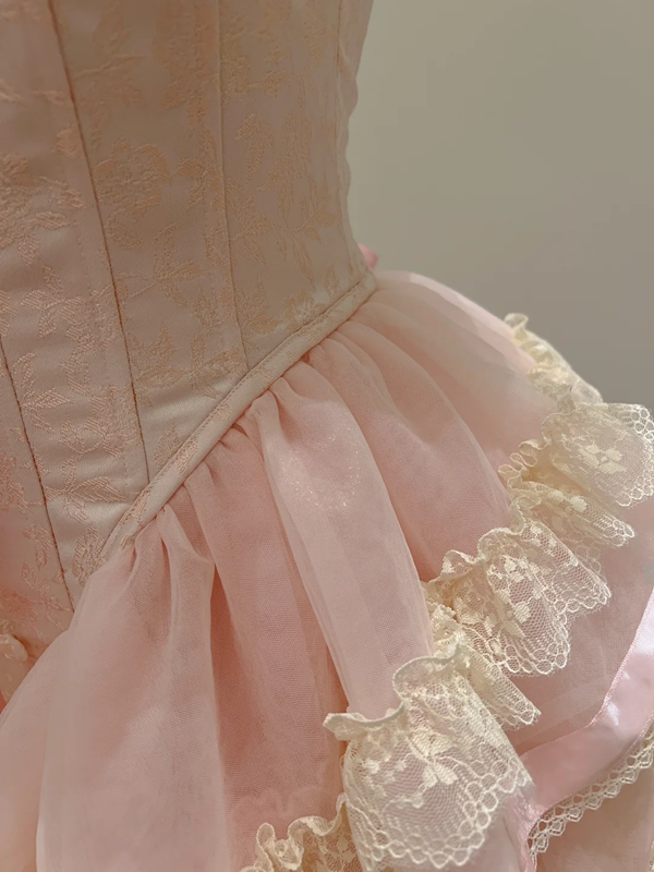 Pink suspender waist puff cake skirt homecoming dress R5039