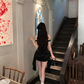 Black suspender satin pleated waist hip skirt homecoming dress R5078