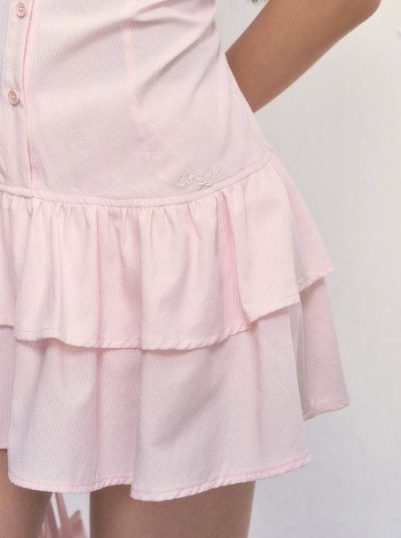 Baby Pink Button-Front Shirt Dress with Puff Sleeves, Tiered Ruffle Hem and Back Smocked Waist R9251