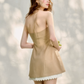 Camel Halter Mini Dress with Lace Trim Neckline, Layered Lace Hem and Fitted Flared Silhouette R9262