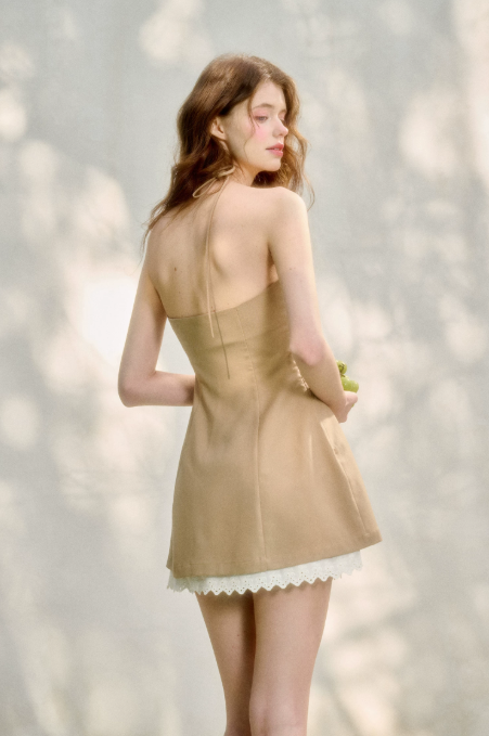 Camel Halter Mini Dress with Lace Trim Neckline, Layered Lace Hem and Fitted Flared Silhouette R9262