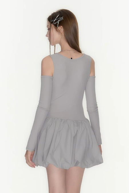 Grey Cutout Long Sleeve Drawstring Dress Women High Waist Puff Hem Mini Dress R9385