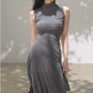 Grey Turtleneck Sleeveless Midi Dress Women Diagonal Ruched Asymmetrical Hem Dress R9357