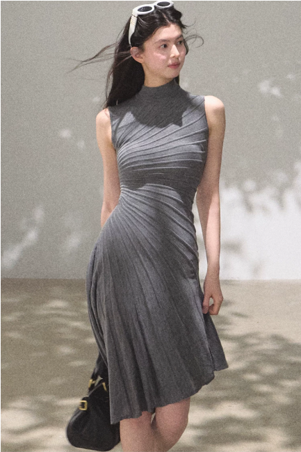 Grey Turtleneck Sleeveless Midi Dress Women Diagonal Ruched Asymmetrical Hem Dress R9357