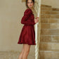 Burgundy Square Neck Mini Dress with Ruffle Trim, Ruched Puff Sleeves & Smocked Back R9183