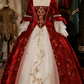 Red vintage long sleeve slim waist puffy skirt ball gown, bridal gown R6091