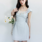 Light Blue Floral Embroidered Mini Dress Women With Lace Trim And Puff Sleeves R9414