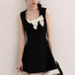 Black Sleeveless A-Line Dress with White Bow Accent R9171