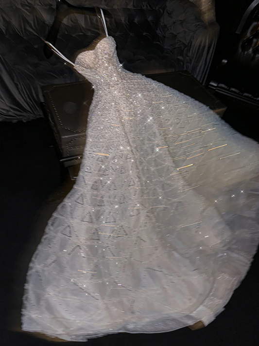 White halter-neck rhinestone-embellished long ball gown/bridal dress R8766