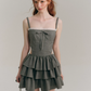 Gray Corset Mini Dress with Lace Trim, Bow Detail, Tiered Ruffle Skirt and Waist Cutout R9271