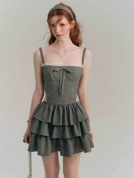 Gray Corset Mini Dress with Lace Trim, Bow Detail, Tiered Ruffle Skirt and Waist Cutout R9271