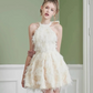 Apricot halter neck waist cute mini skirt homecoming dress R5370