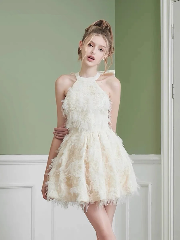 Apricot halter neck waist cute mini skirt homecoming dress R5370