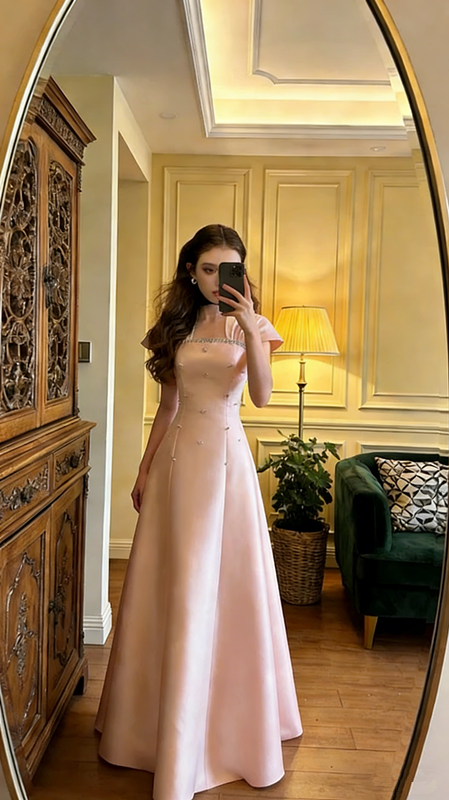 Light champagne-colored fitted A-line long ball gown R8572