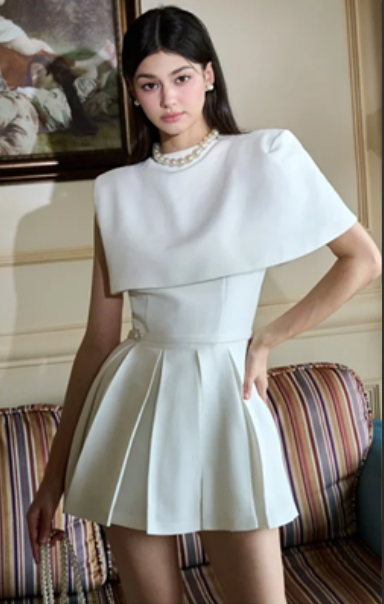 White shawl, waist-cinching, pleated short skirt, homecoming dress R4510