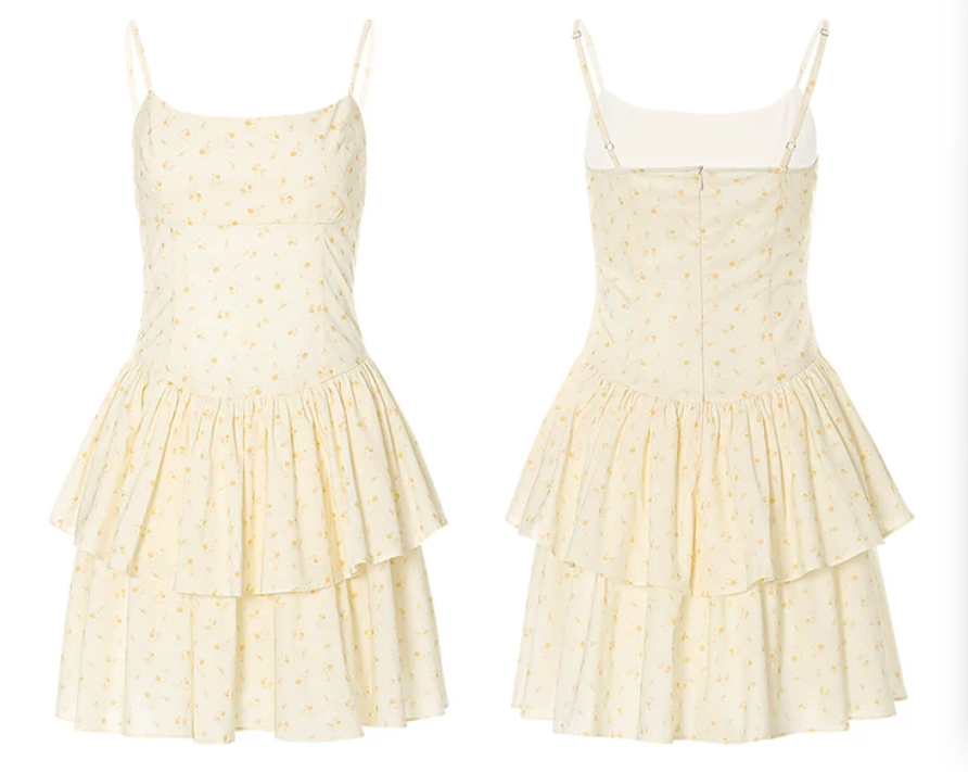 Yellow Ditsy Floral Cami Mini Dress Women With Tiered Ruffle Skirt R9474