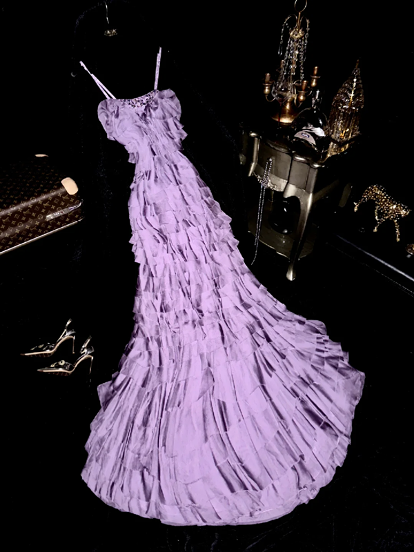 Purple halter-neck, tiered, long ball gown R6969