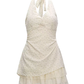 Coquette White Floral Halter Dress with Lace V-Neck, Ruched Front and Layered Ruffle Skirt R9248