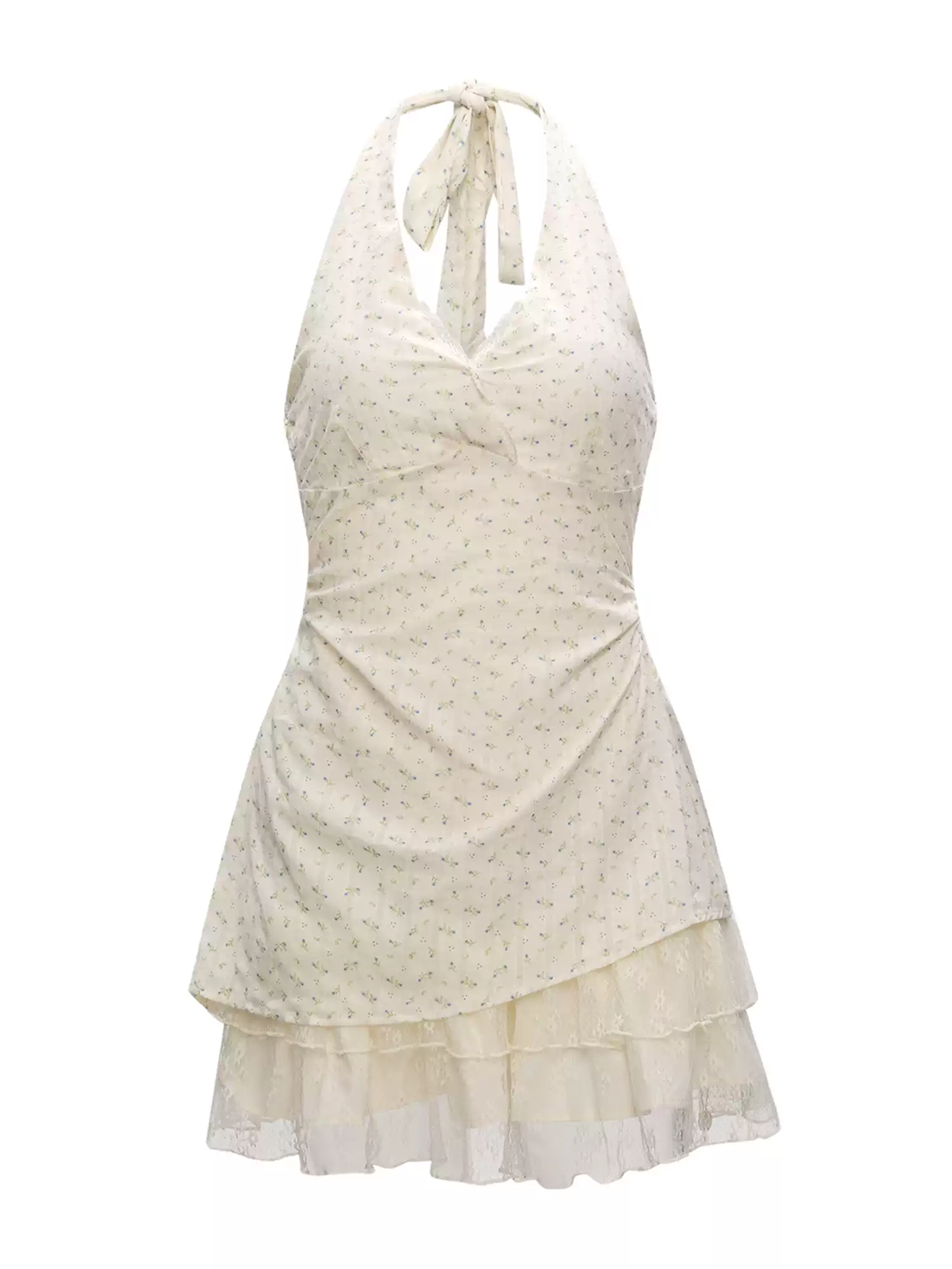 Coquette White Floral Halter Dress with Lace V-Neck, Ruched Front and Layered Ruffle Skirt R9248