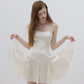 Cream White Satin Slip Mini Dress Women With Lace Inset Flounce Hem R9470