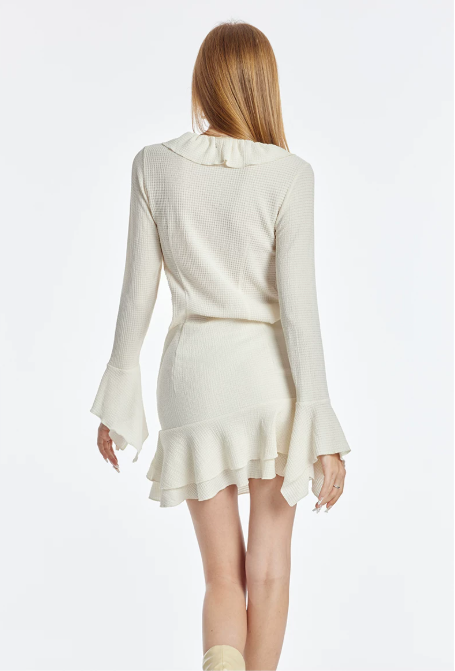 Cream White Ruffle Lace Up Long Sleeve Mini Dress Women Fall High Waist French Style R9387