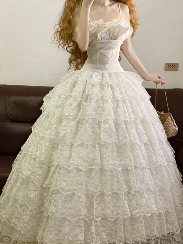 White Spaghetti-Strap Waist-Cinched Lace Puffy-Hem Ball Gown, Bridal Gown R7323