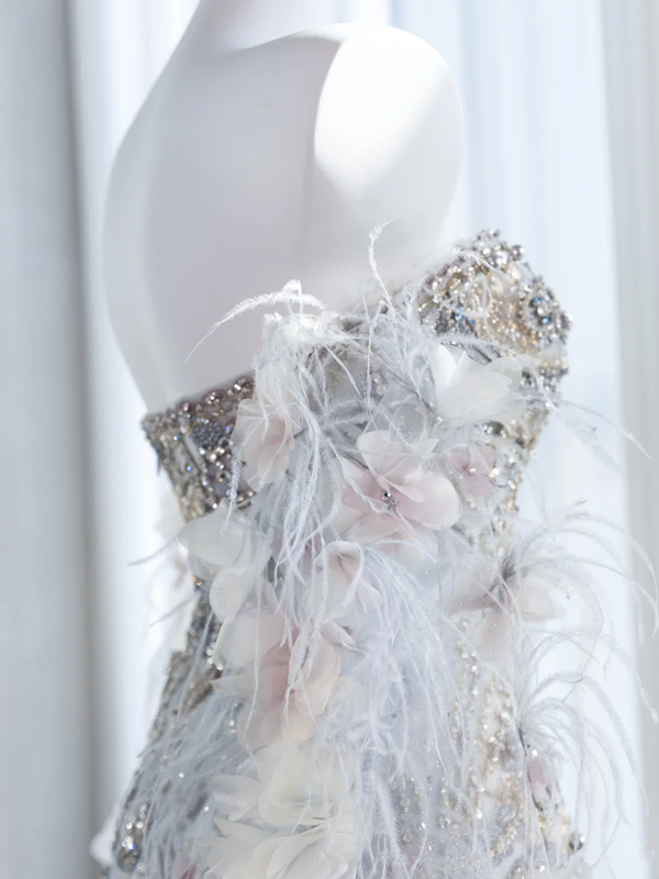 Champagne-colored, rhinestone-embellished, strapless, fitted, long ball gown/bridal dress R8856