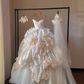 Champagne color suspender waist slim fit puffy skirt bridal dress R5697