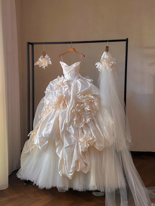 Champagne color suspender waist slim fit puffy skirt bridal dress R5697