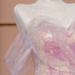 Light pink off-the-shoulder sequined fitted long ball gown, bridal dress R8425
