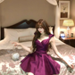 Dark purple bow strap waist slim fit long skirt homecoming dress R4228
