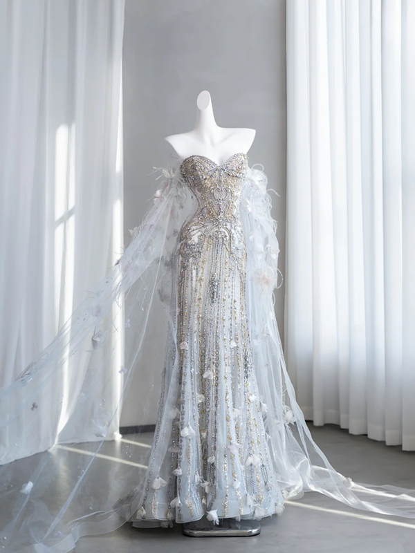 Champagne-colored, rhinestone-embellished, strapless, fitted, long ball gown/bridal dress R8856