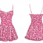 Pink Floral Print Cami Mini Dress with Lace Trim, Bow Detail and Tiered Ruffle Skirt R9276